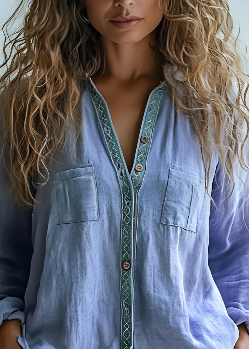 Purple V Neck Print Button Cotton Shirts Tops Spring