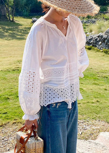 White Hollow Out Lace Up Cotton Shirt Butterfly Sleeve