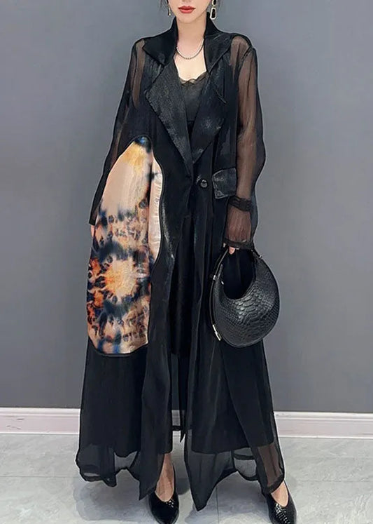 Style Black Notched Patchwork Button Long Tulle Cardigan Fall