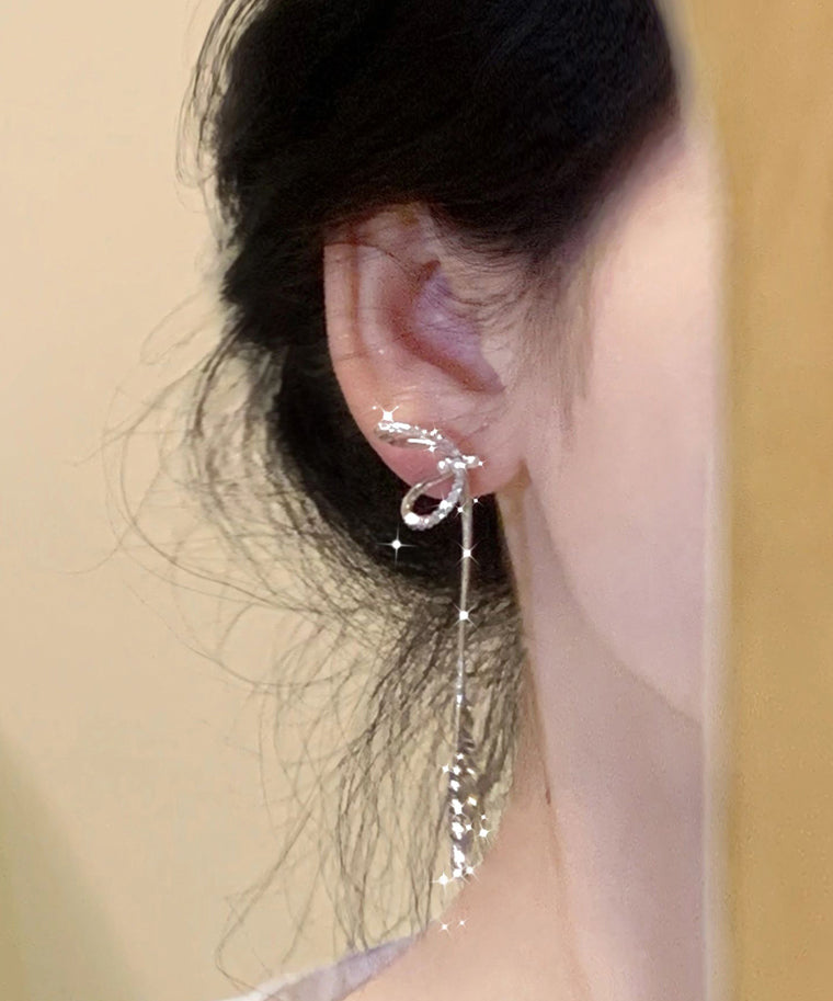 Stylish Sterling Silver Bow Tassel Drop Earrings