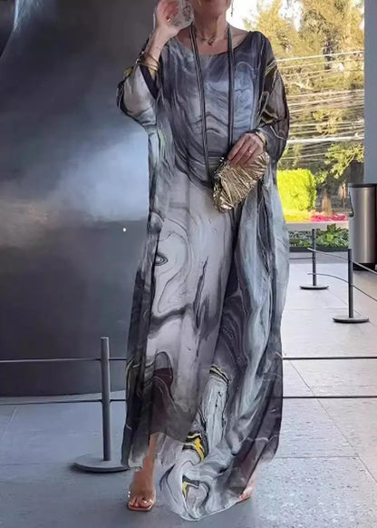 Khaki O-neck Print Long Dress Fall