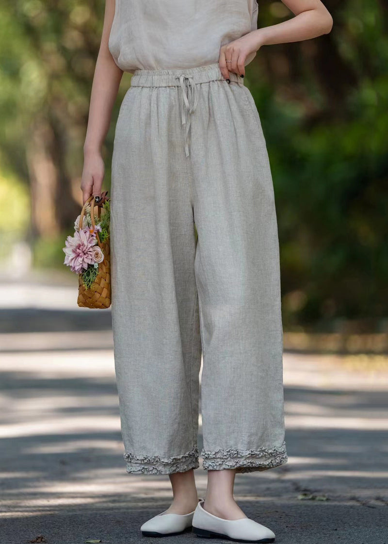 Khaki Lace Up Linen Pants Ruffled Summer