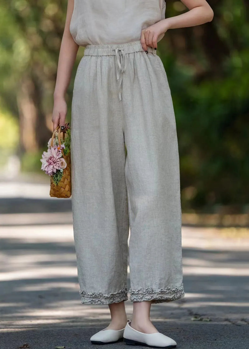 Khaki Lace Up Linen Pants Ruffled Summer