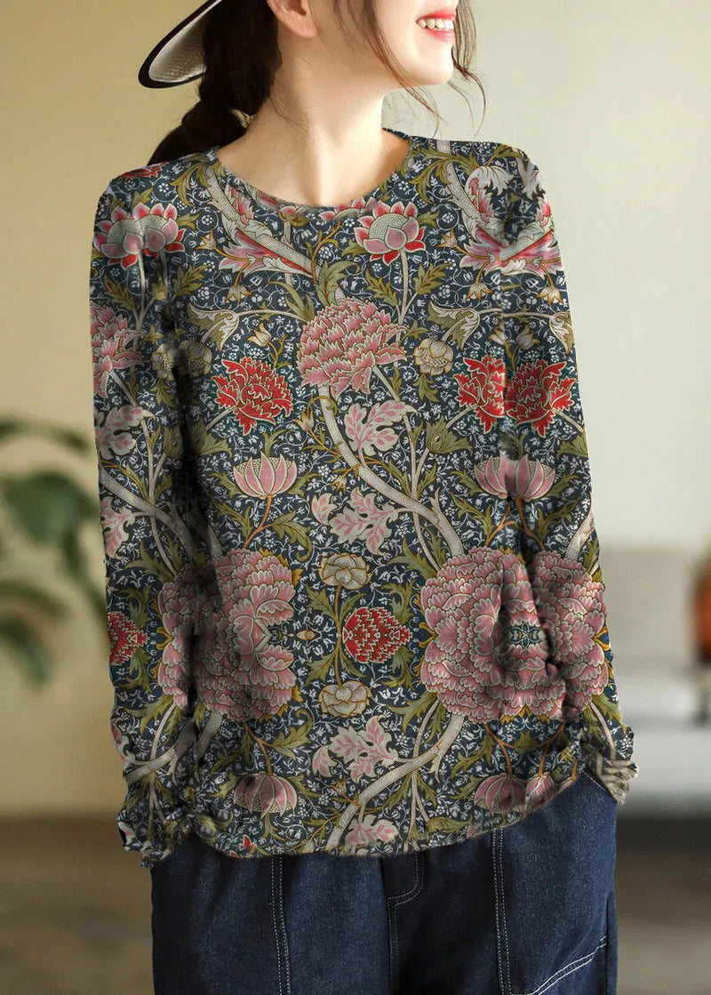 Beige O-neck Print Cotton Knitted Top Long Sleeve