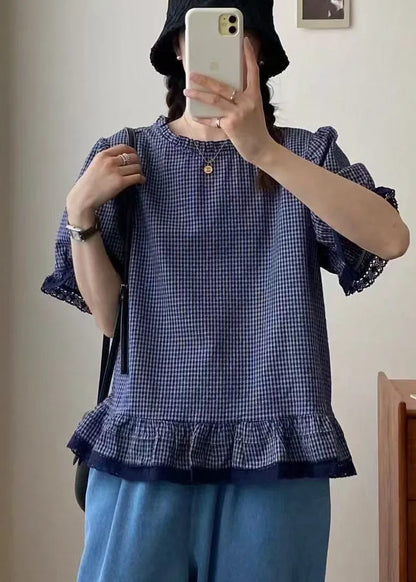 Style Blue Plaid Patchwork Lace Top Summer