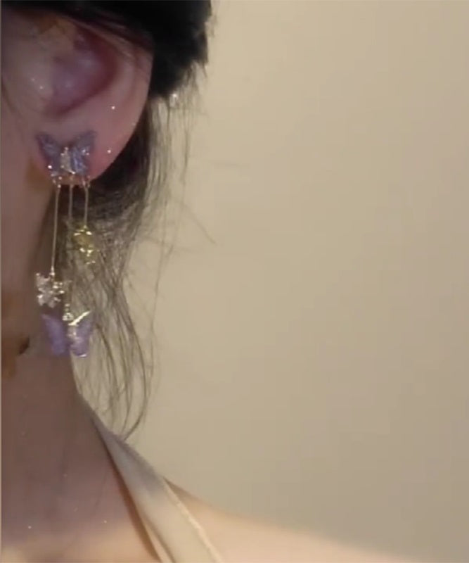 Purple Copper Alloy Zircon Crystal Butterfly Tassel Drop Earrings