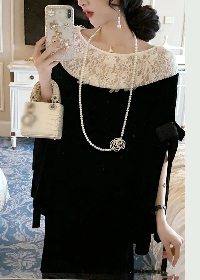 French Black Bow Lace Patchwork Silk Velour Blouses Cloak Sleeves