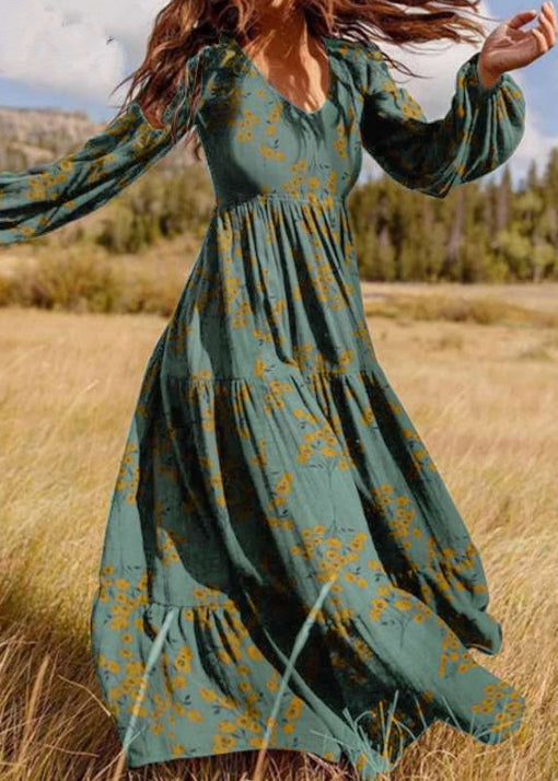 Green V Neck Print Wrinkled Chiffon Robe Dresses Spring