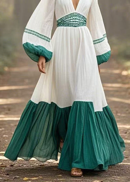 White V Neck Patchwork Exra Large Hem Dresses Lantern Sleeve