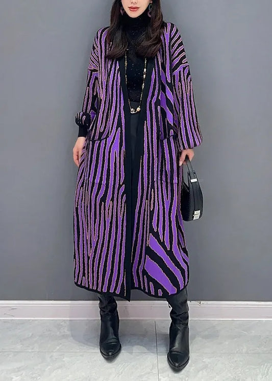 Purple Striped Pockets Patchwork Knit Long Cardigan Fall