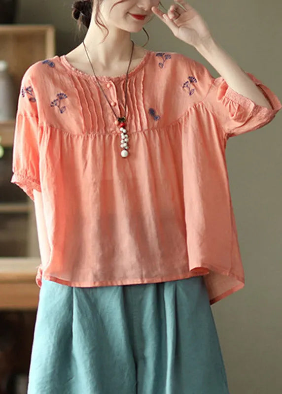 Handmade Orange O-neck Embroidered Button Wrinkled Linen Tops Half Sleeve