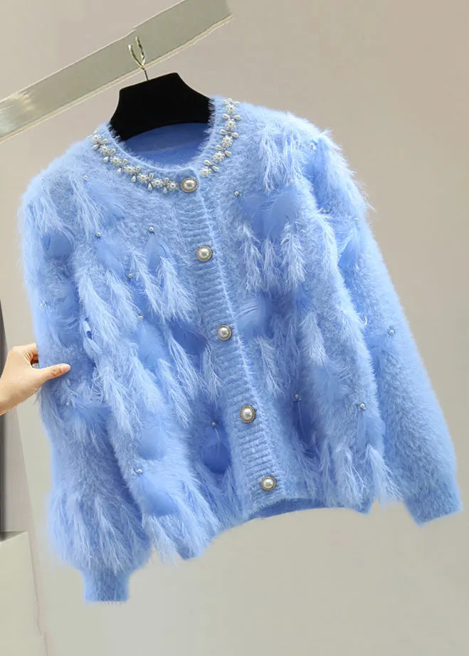 Handmade Blue Nail Bead Patchwork Tassel Cotton Knit Sweaters Winter
