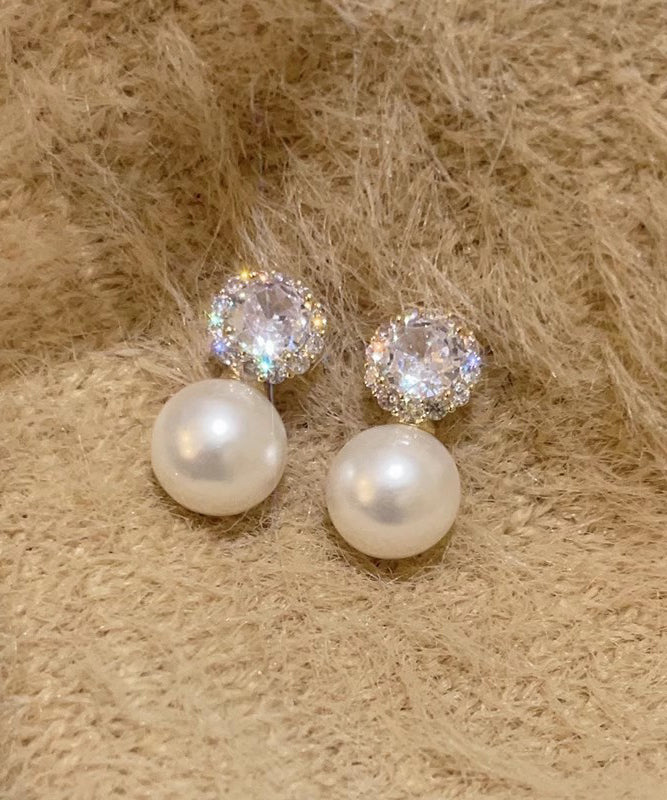 White Alloy Zircon Pearl Stud Earrings