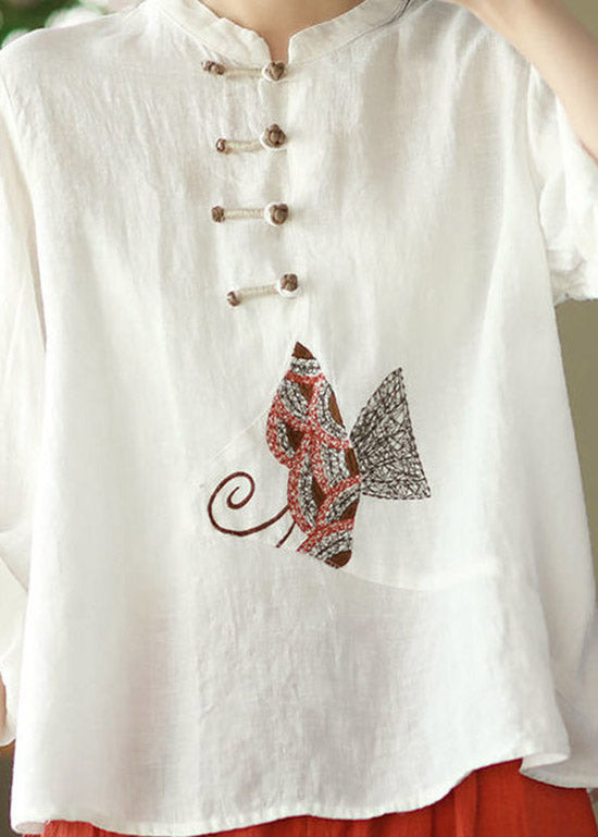 Boutique White O-neck Embroidered Button Linen Shirt Long Sleeve