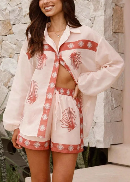 Pink Button Print Linen Shirt and Shorts Two Piece Set Spring