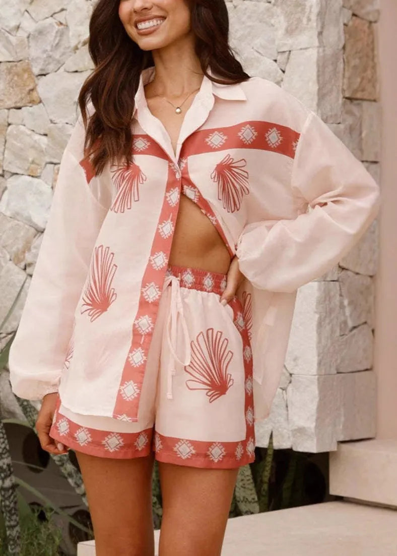 Pink Button Print Linen Shirt and Shorts Two Piece Set Spring