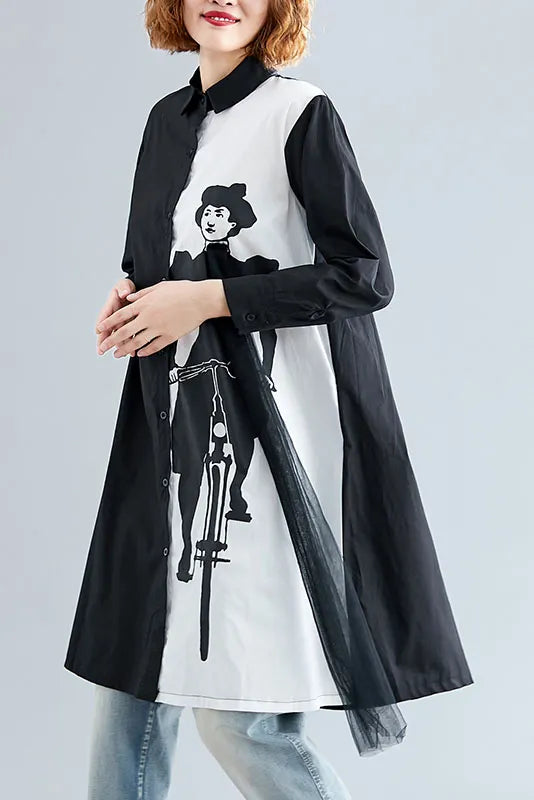 Spring Simple Black White Printed Shirt Dress