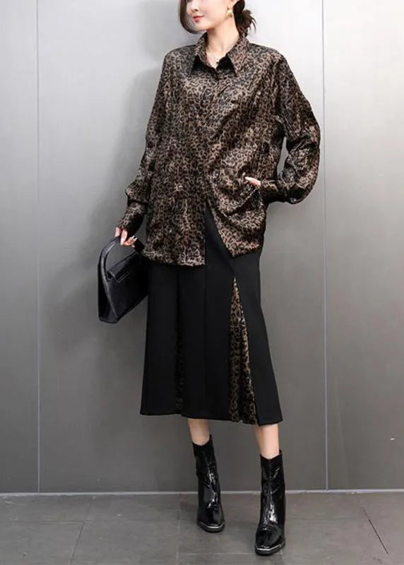 Leopard Peter Pan Collar Button Shirts and Maxi Skirts Two Pieces Set Spring