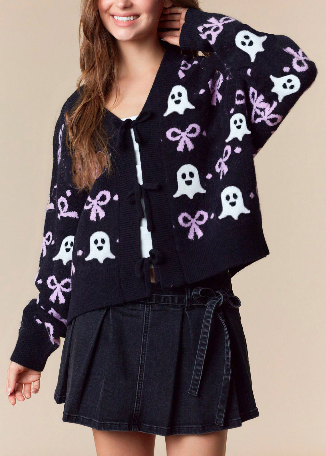 New Pink V Neck Jacquard Lace Up Knit Cardigans Fall