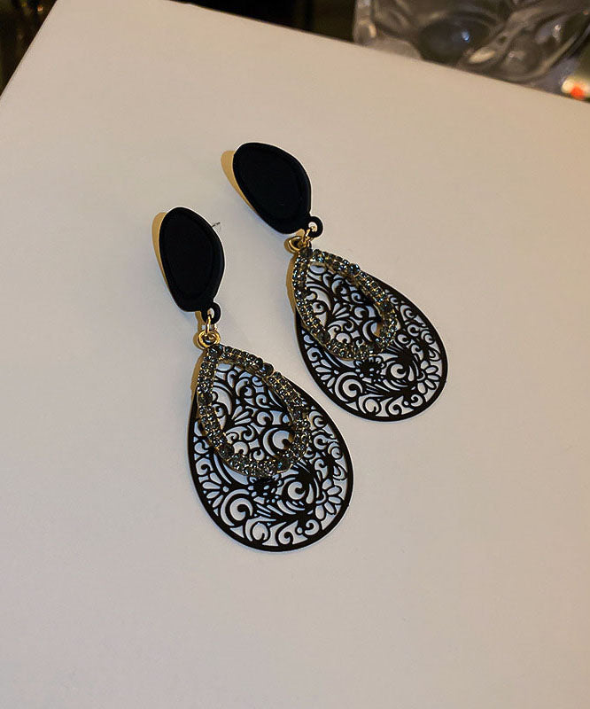 Unique Black Alloy Zircon Water Drop Hollow Out Drop Earrings