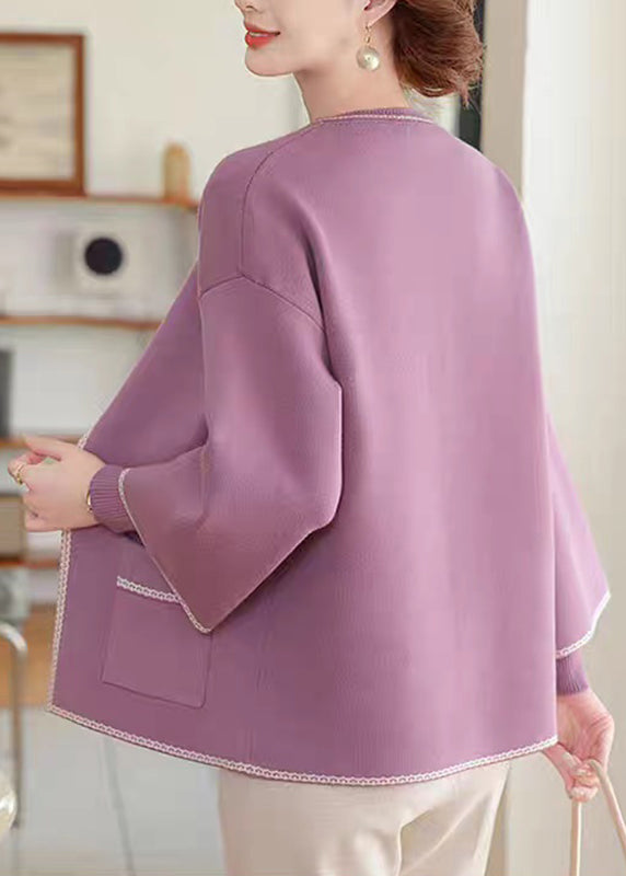 Natural Purple Patchwork Pockets Cotton Knit Cardigans and Sweater Two-piece Set Fall