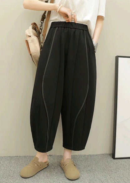 Grey Pockets Elastic Waist Patchwork Cotton Pants Fall