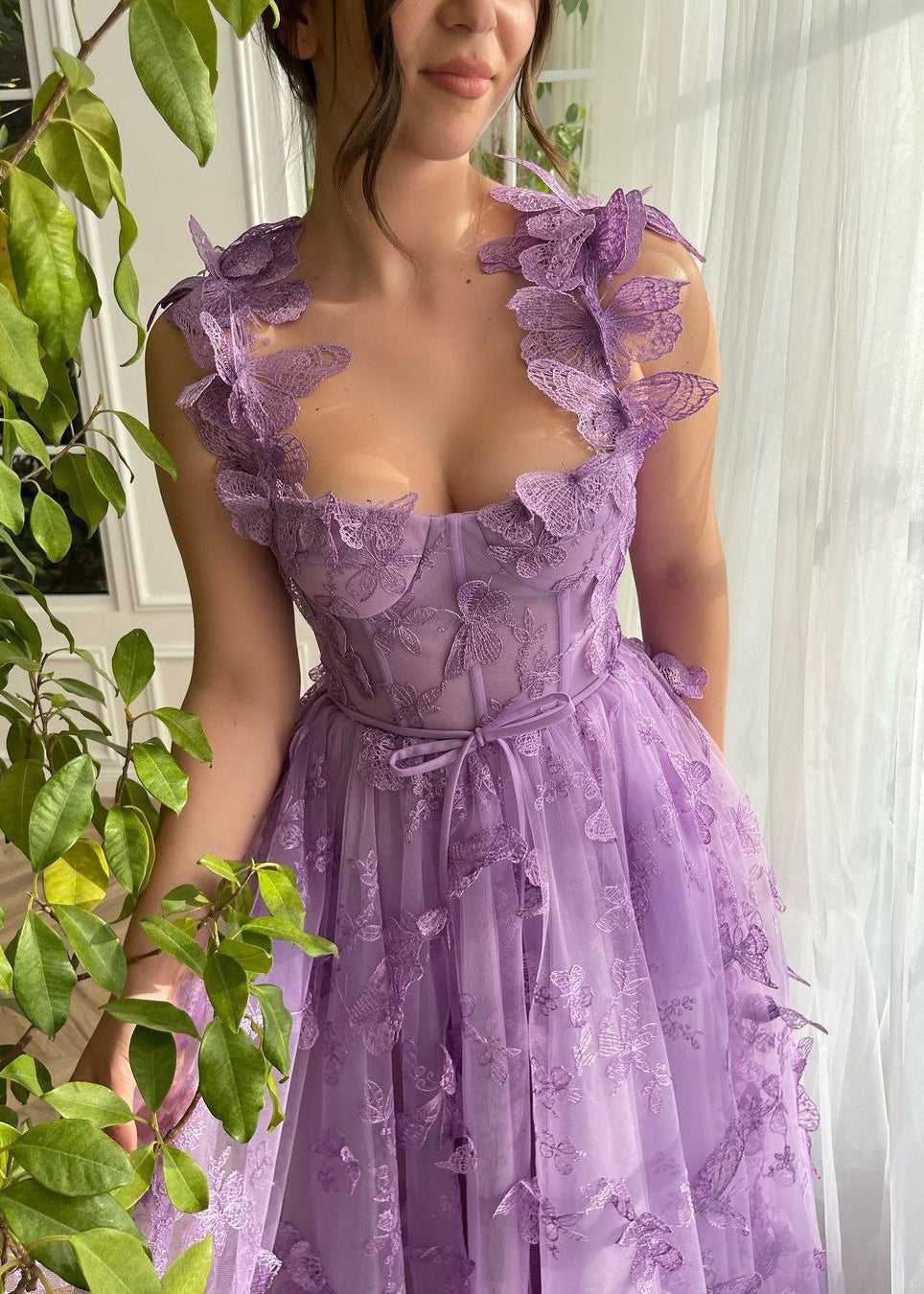 Green Butterfly Side Open Tulle Maxi Dresses Sleeveless