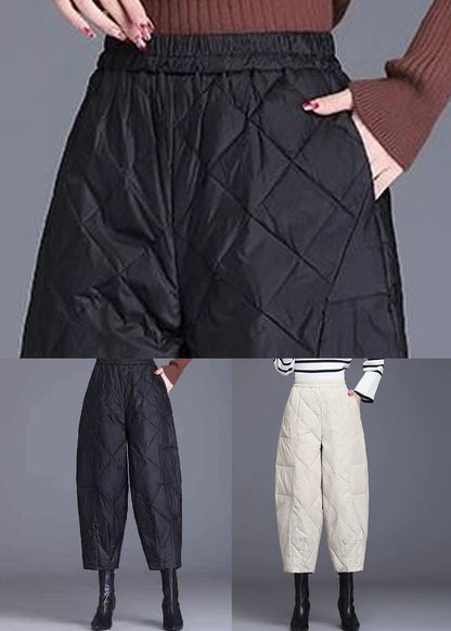 Black Plaid Fine Cotton Filled Crop Pants Elastic Waist