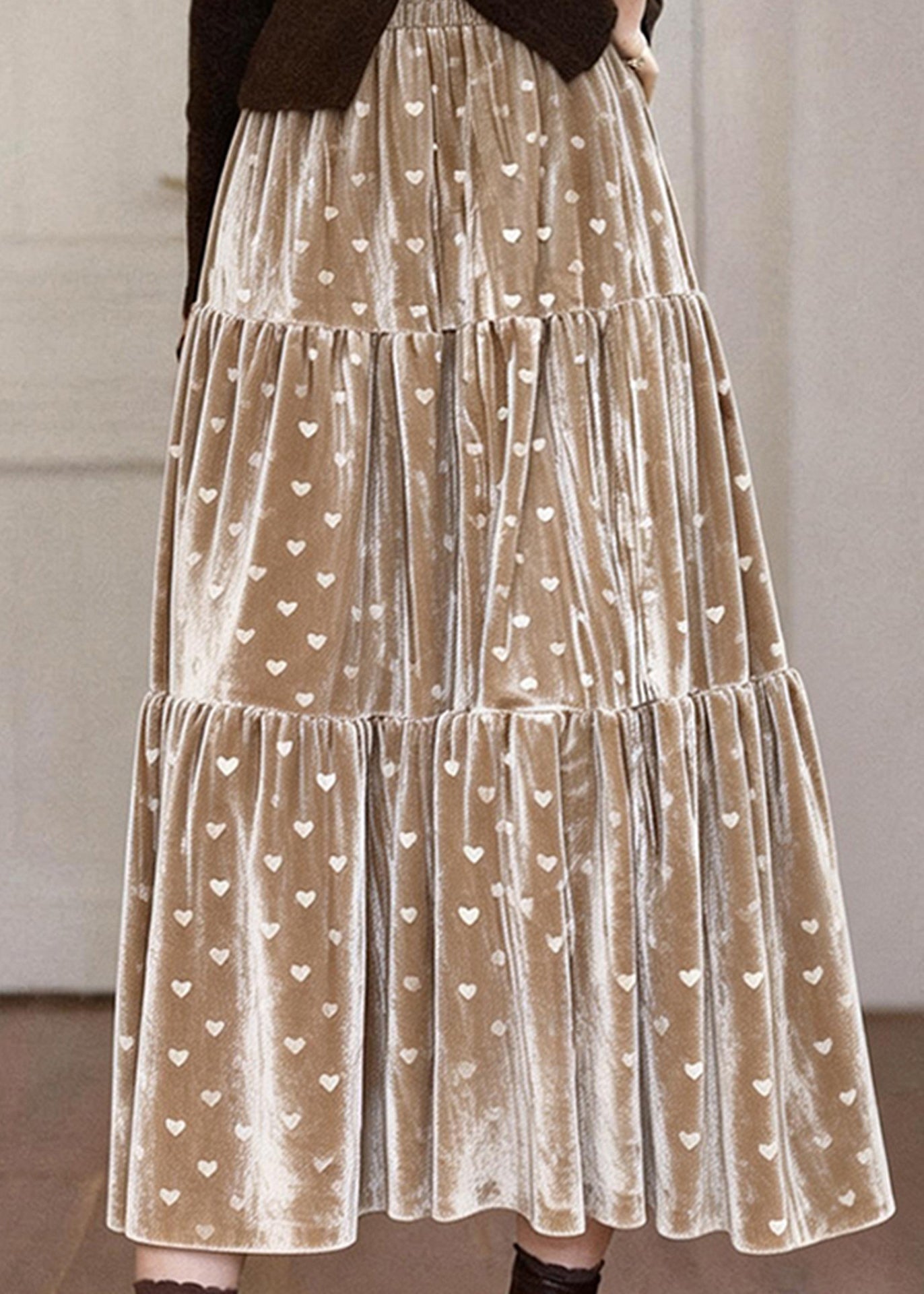 Khaki Love Print Patchwork Silk Velvet Skirts Spring