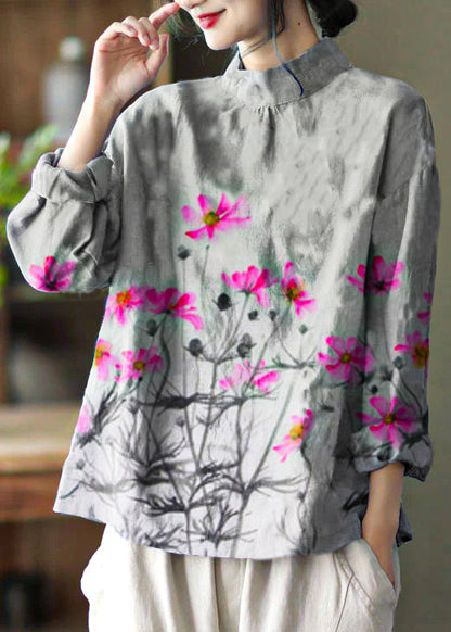 Stylish Blue Embroidered Retro Linen Blouse Tops Spring