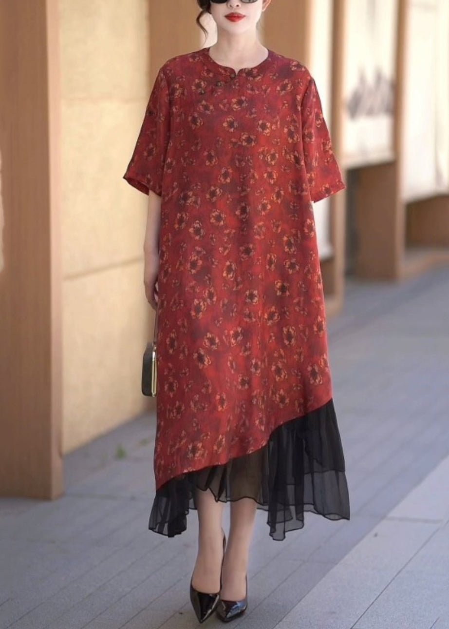 Handmade Red O-neck Asymmetrical Patchwork Silk Linen Long Dress Half Sleeve