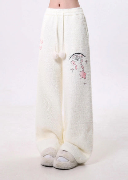 Classy White Print Fuzzy Ball Decorated Warm Fleece Fluffy Pants Spring