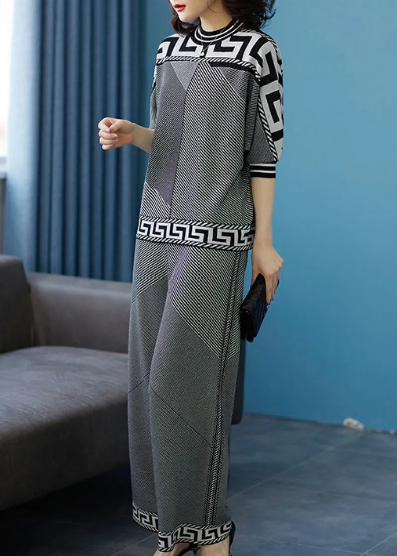 Italian Grey Tops and Pants Striped Knit Two-piece Set Spring
