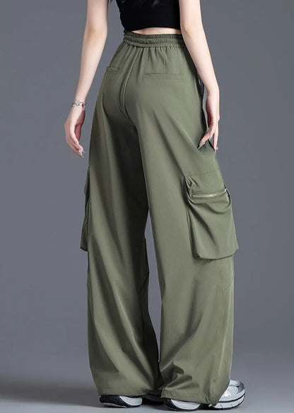 French Army Green Elastic Waist Pockets Nylon Pants Spring