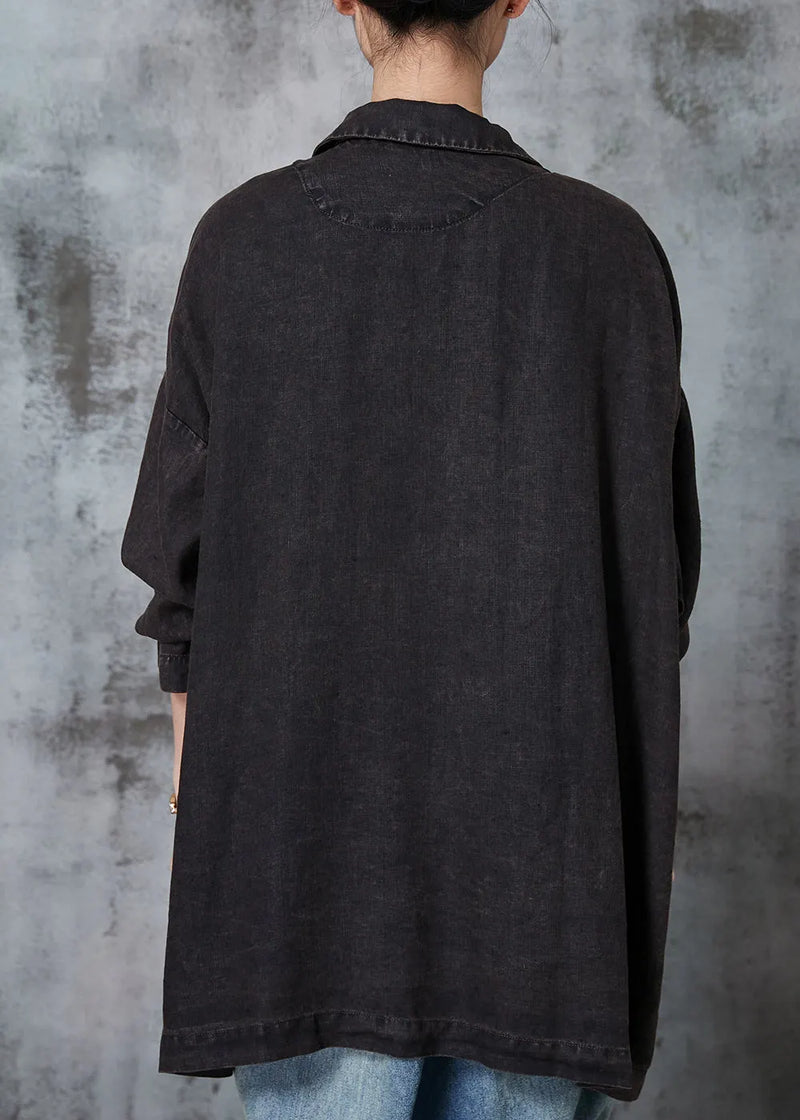 Black Oversized Pockets Linen Jackets Spring