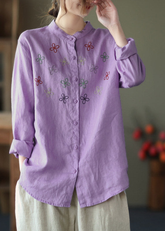 Purple Stand Collar Embroidered Linen Shirt Long Sleeve