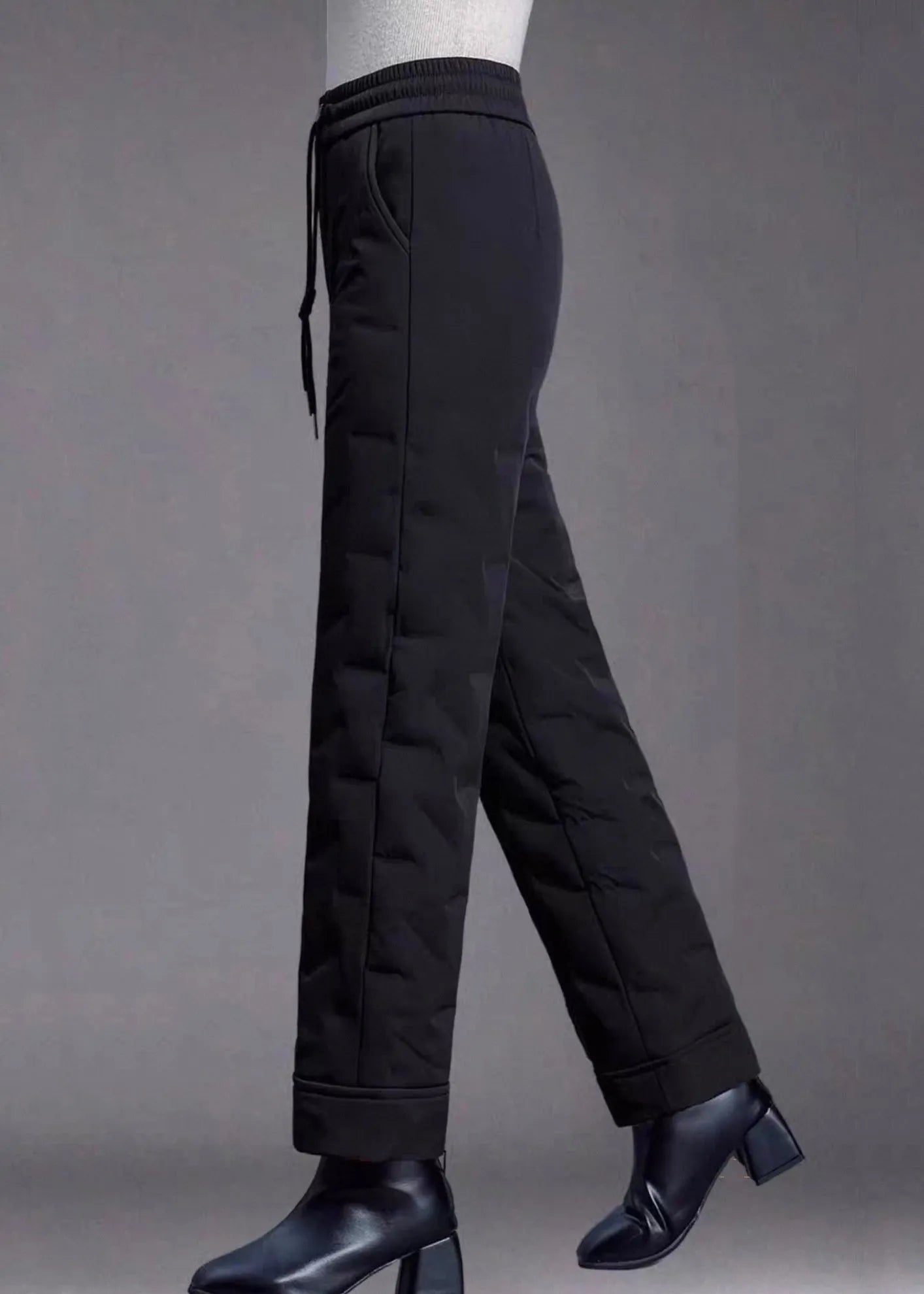 Fine Red Pockets Elastic Waist Duck Down Filled Straight Pants Winter
