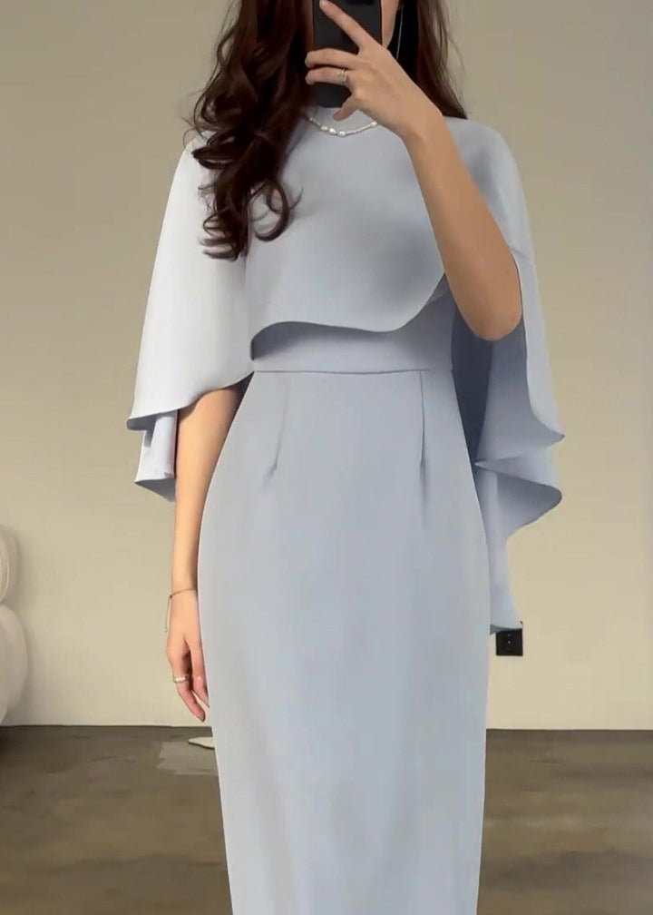 Slim Fit Light Blue Silk Shawl Waist Cinched Dress