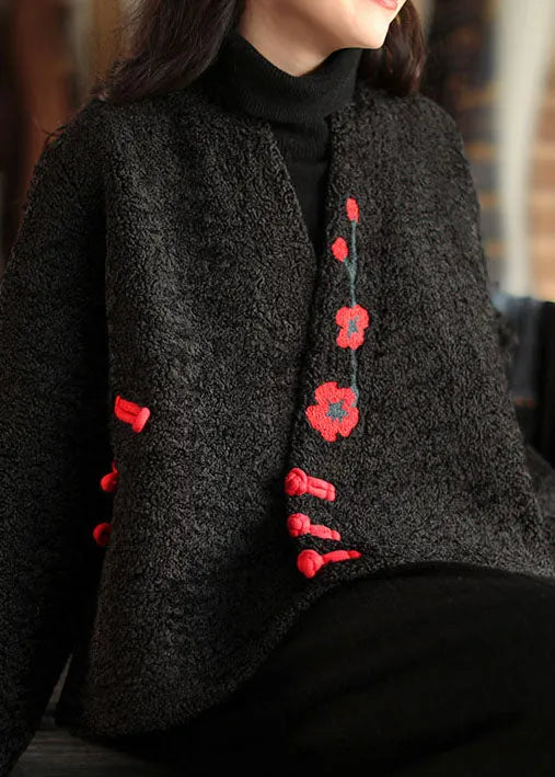 Chinese Style Black Button Embroidered Faux Fur Coats Long Sleeve