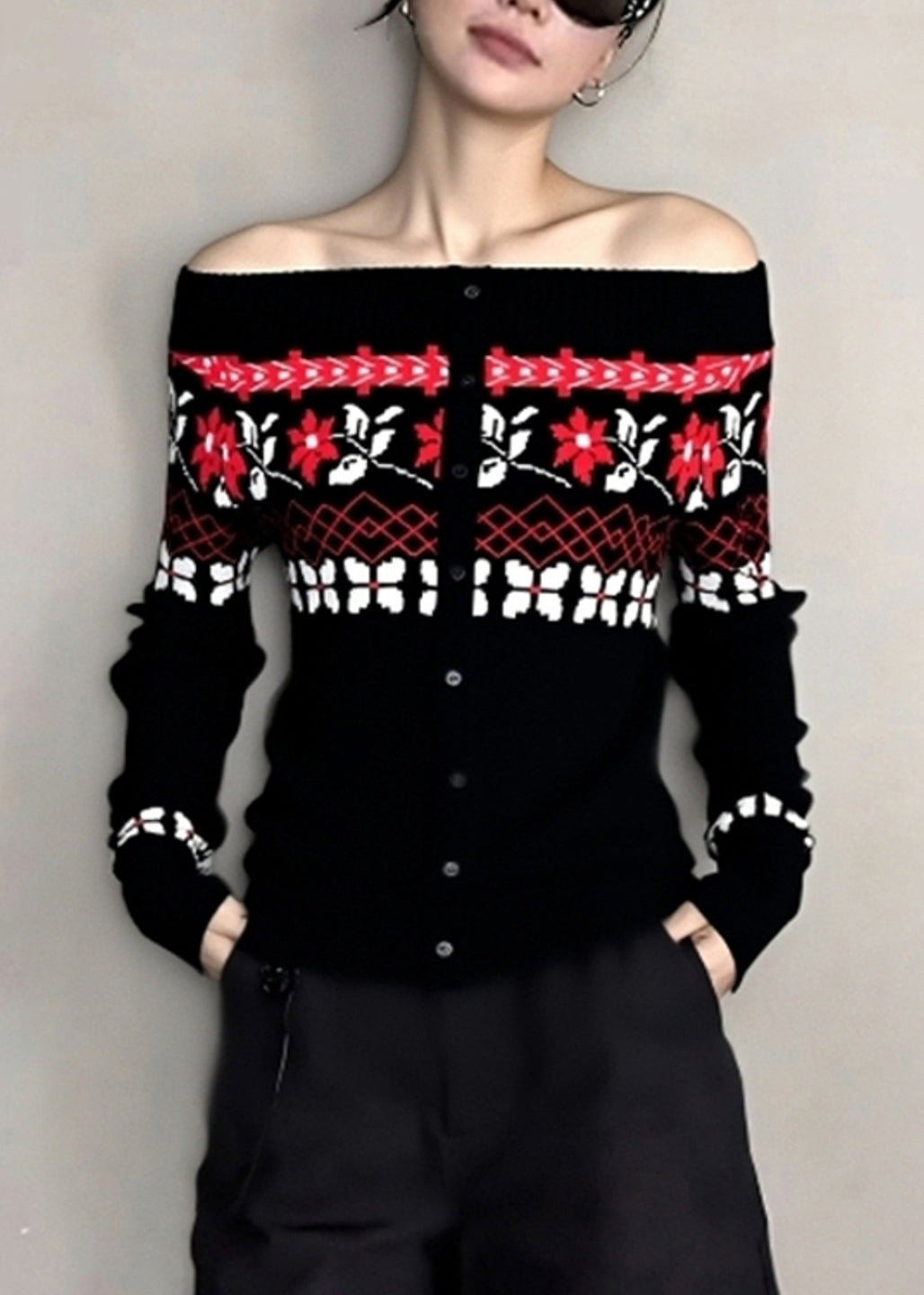 Black Cold Shoulder Jacquard Knit Tops Winter