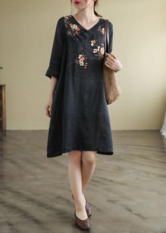 Black V Neck Embroidered Button Three Quarter Sleeve Fall Dresses