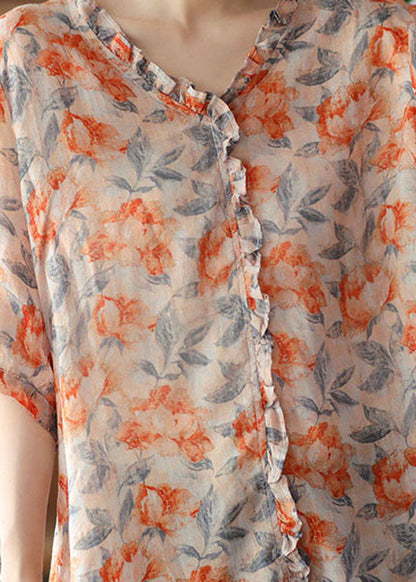 Orange Ruffled Print Patchwork Linen Blouses Summer