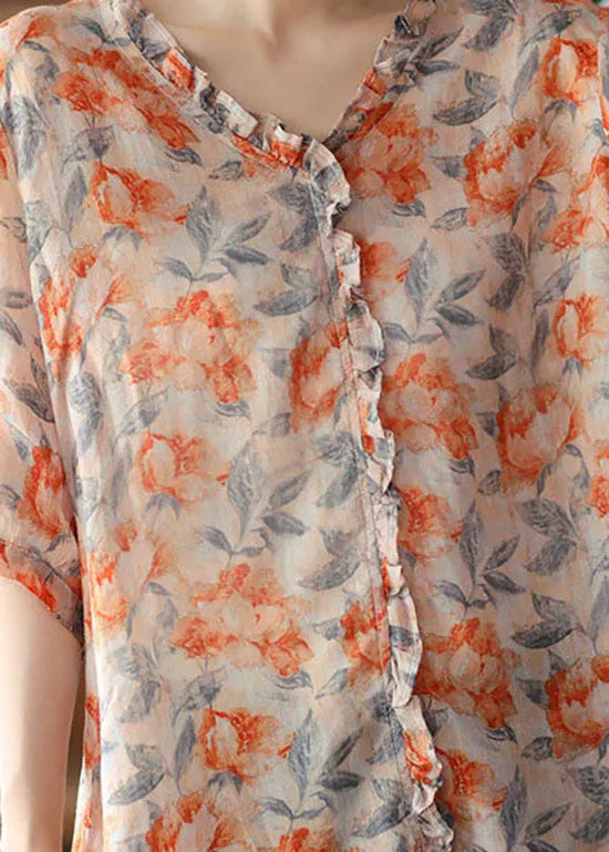 Orange Ruffled Print Patchwork Linen Blouses Summer