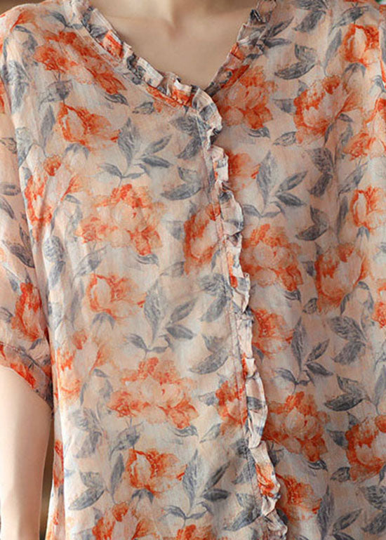 Orange Ruffled Print Patchwork Linen Blouses Summer