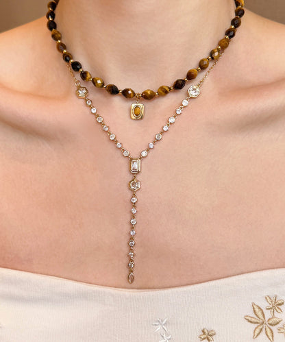Brown Tiger's Eye Zircon Tassel Layering Titanium Steel Two Piece Set Necklace