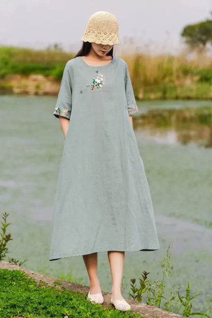 Summer Round Neck Cotton Linen Dress Print Short Sleeve Long Dress