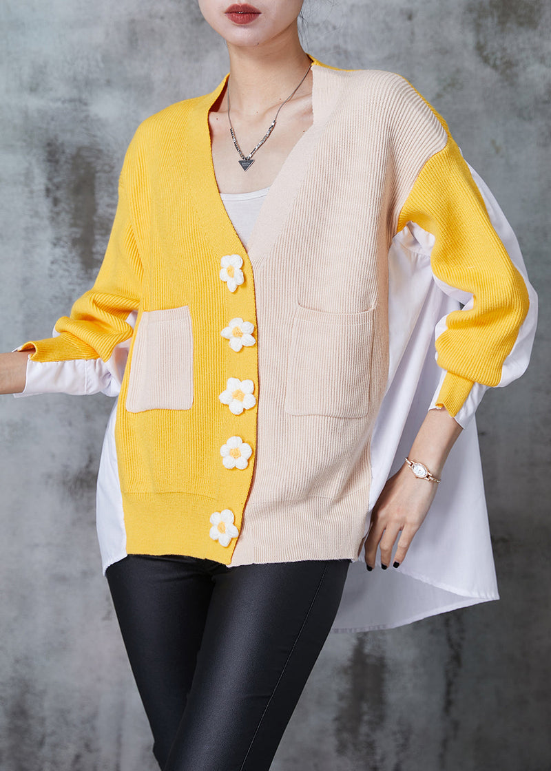 Art Yellow Oversized Patchwork Knit Tops Spring