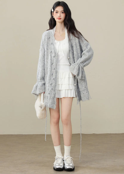 Grey Fuzzy Ball Decorated Drawstring Knit Cardigan Spring