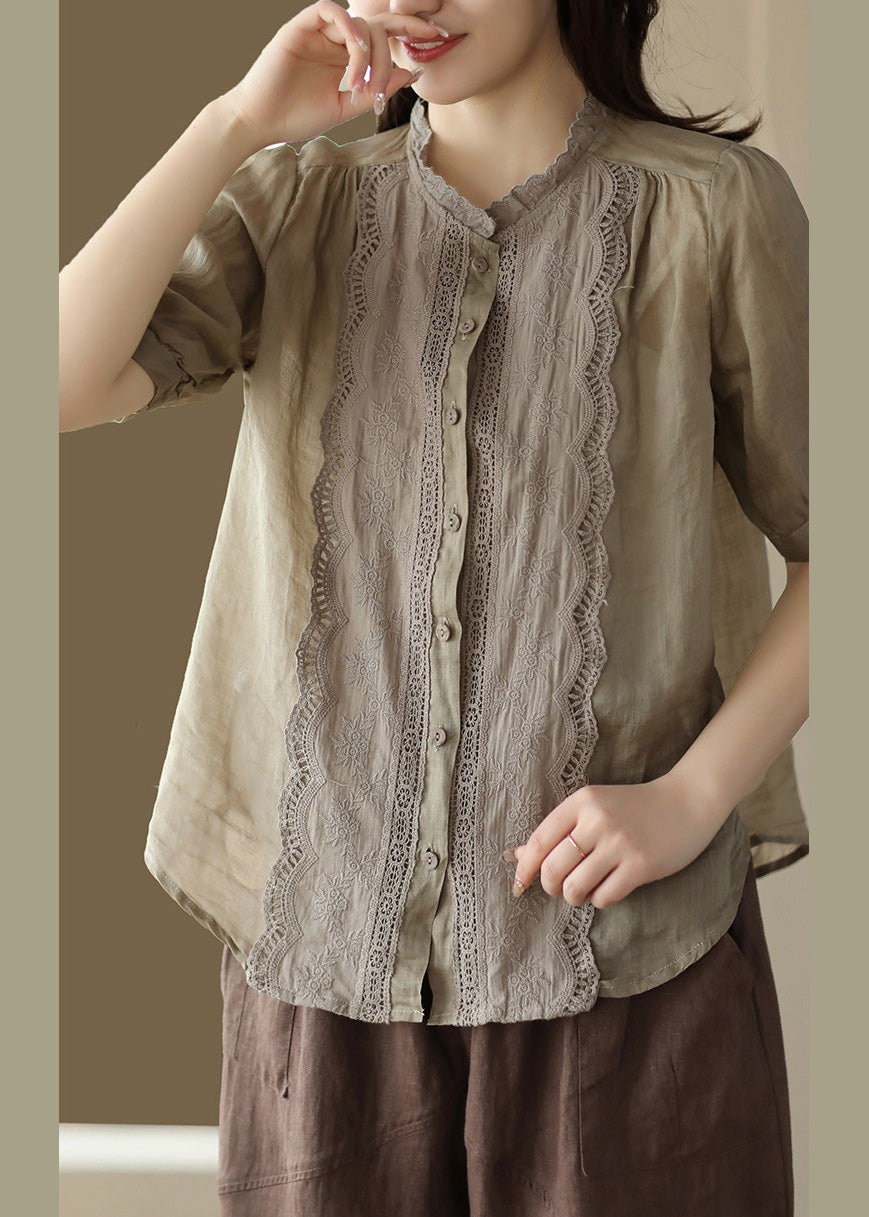 Khaki O-neck Embroidered Ramie Shirt Summer