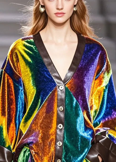 Multicolour V Neck Patchwork Silk Velvet Coat Fall
